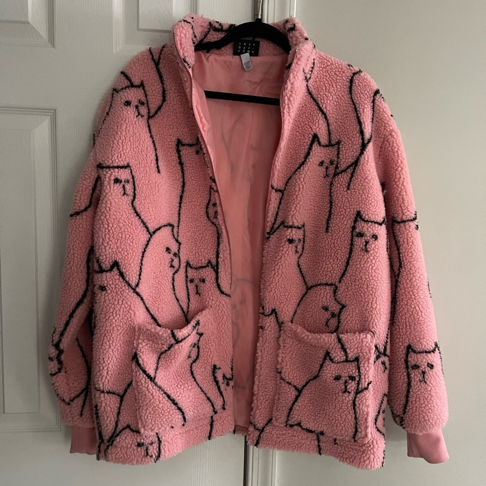 Lazy oaf cat got your tongue pink fleece jacket coat